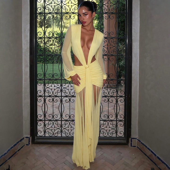 Damen Maxikleid mit raffinierten Drapierungen und tiefem V-Ausschnitt Drune