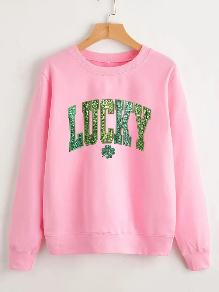 Damen lässiger Sweatshirt mit glitzerndem Schriftzug und Kleeblattmotiv Drune