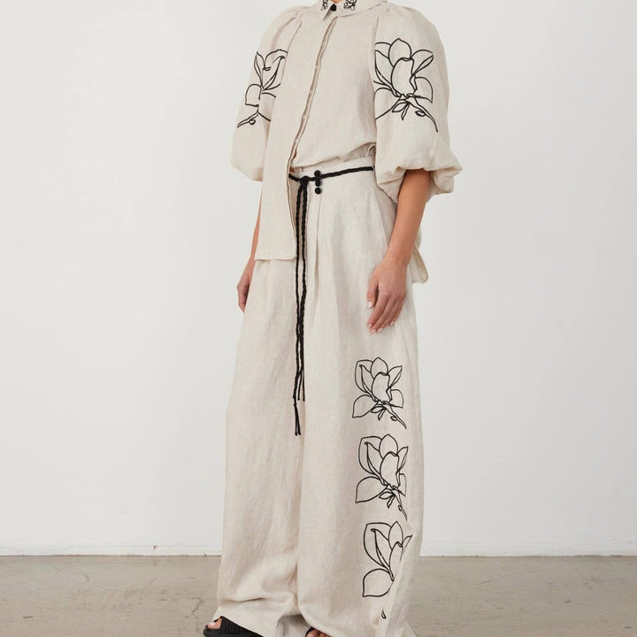 Damen Weit geschnittene Leinenhose mit floralen Stickereien Drune