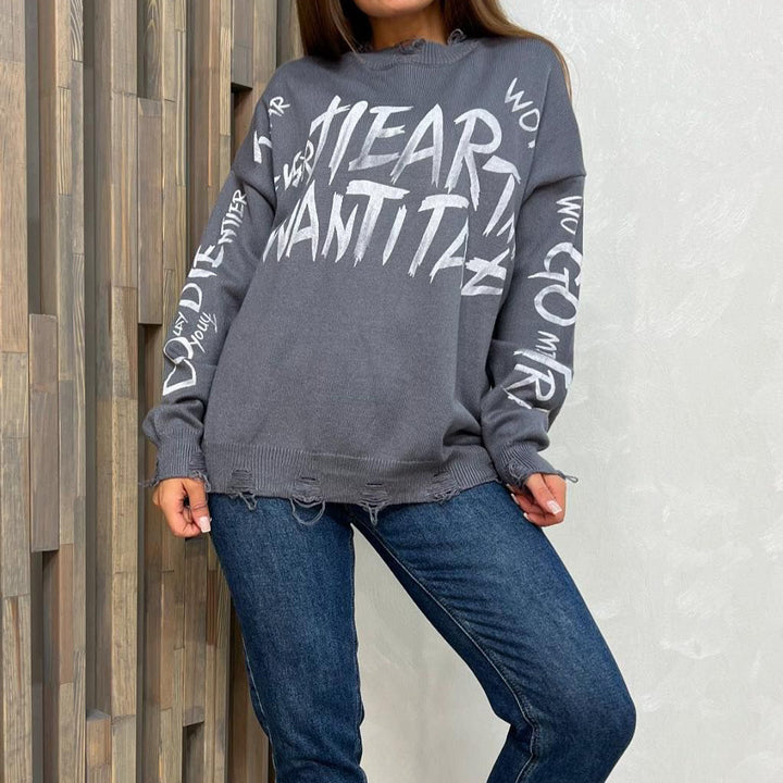 Damen Oversized Sweatshirt mit kreativem Schriftzug und modischen Rissdetails Drune