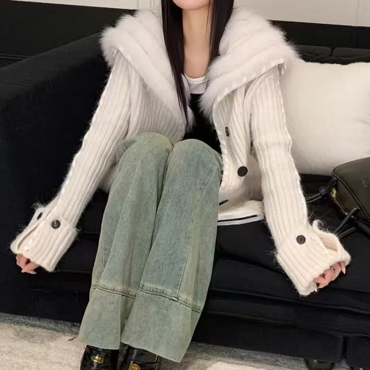 Damen Strickjacke mit Kapuze und dekorativem Kunstfell Drune