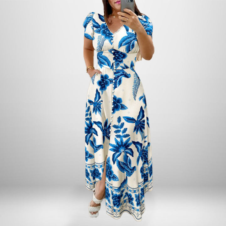 Damen Maxikleid mit floralem Wickel-Design und knöpfbarem Oberteil Drune