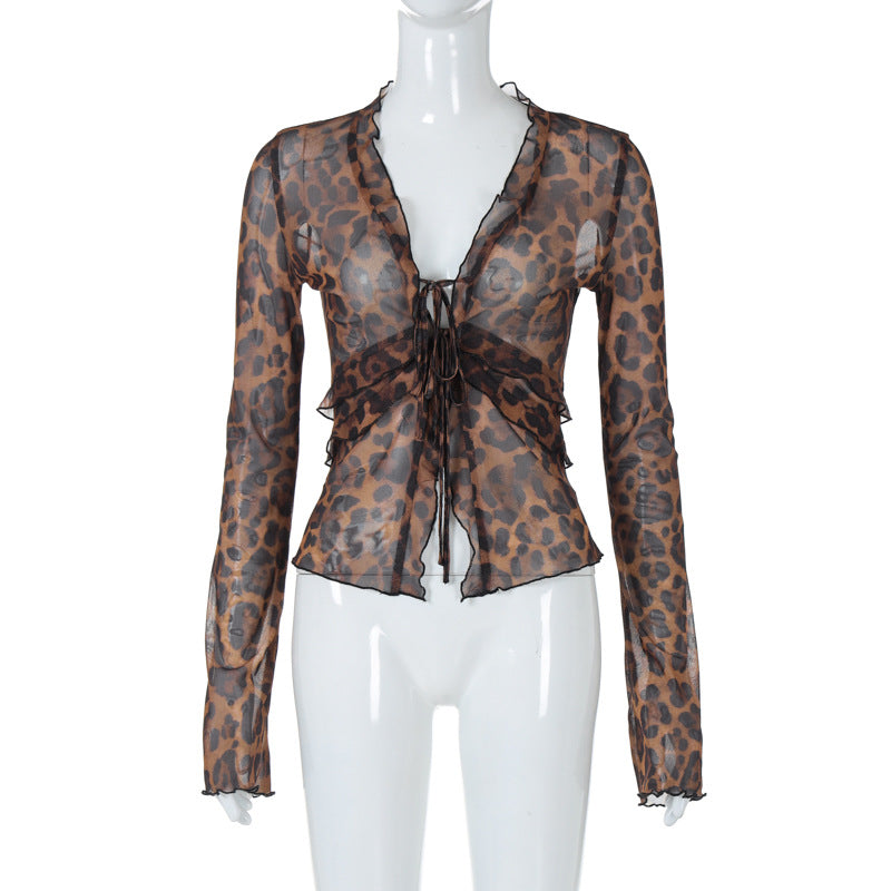 Damen leicht transparentes Oberteil mit Leopardenmuster Drune