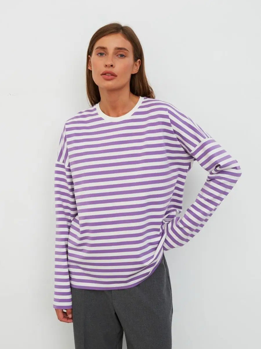 Damen bequemes Streifen-T-Shirt mit langen Ärmeln Drune