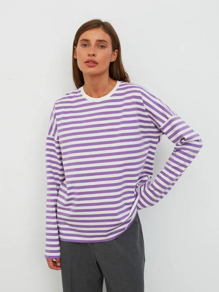 Damen bequemes Streifen-T-Shirt mit langen Ärmeln Drune