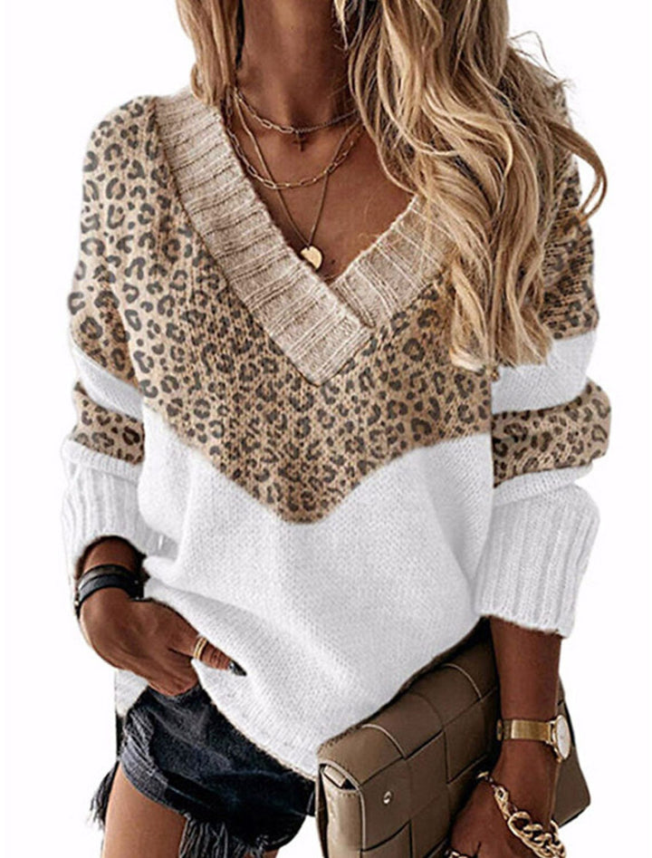 Damen V-Ausschnitt Pullover mit Leopardenmuster Drune