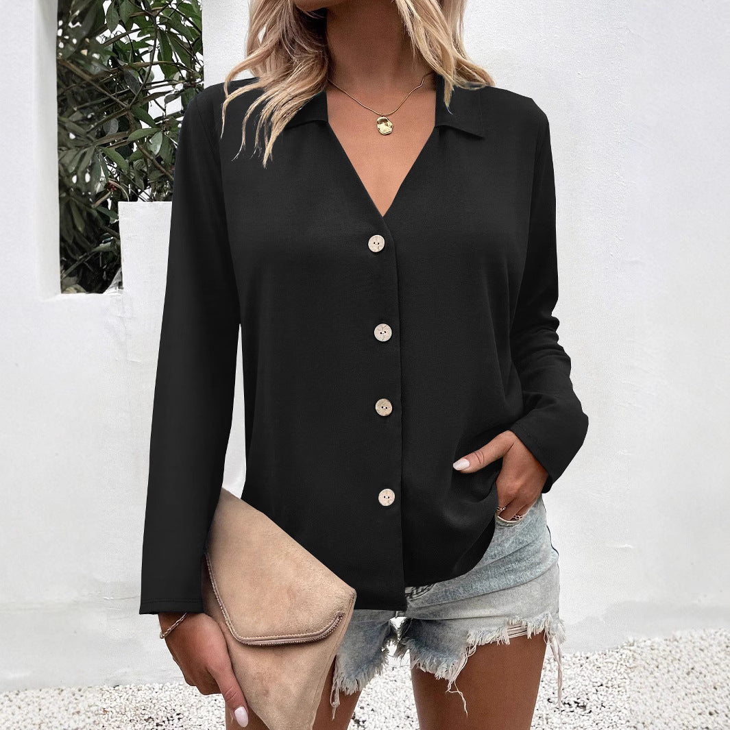 Damen Modische Bluse mit V-Ausschnitt und Knopfdetails Drune