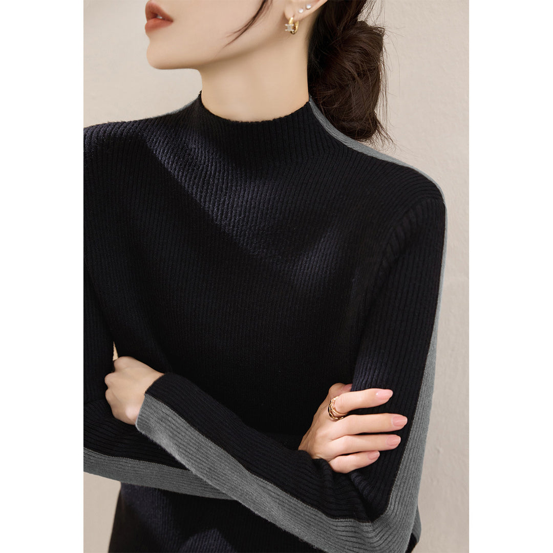 Damen modischer Rollkragenpullover mit strukturiertem Rippdesign und kontrastierenden Ärmeln Drune