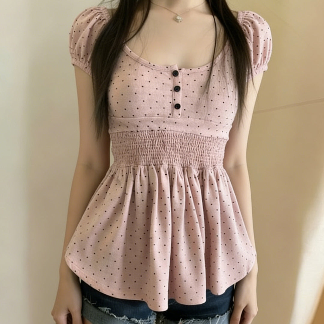Damen Verspieltes Polka Dots Oberteil mit Rüschen und Knopfleiste Drune