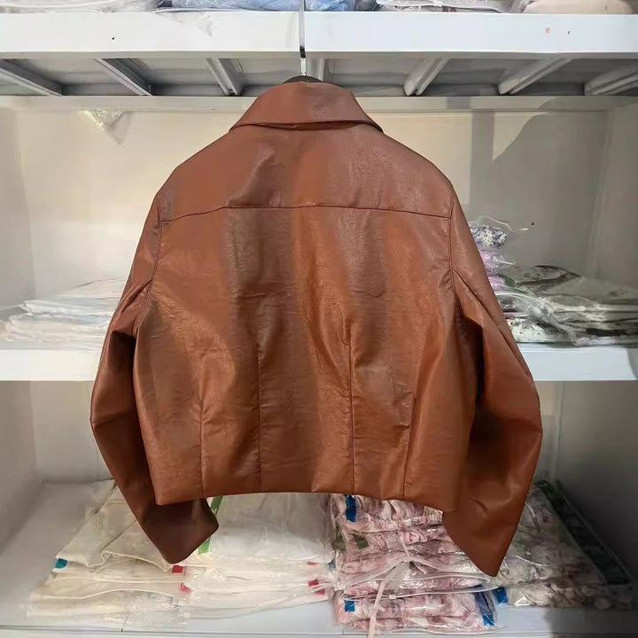 Damen elegante Kunstlederjacke mit moderner Silhouette und praktischen Taschen Drune