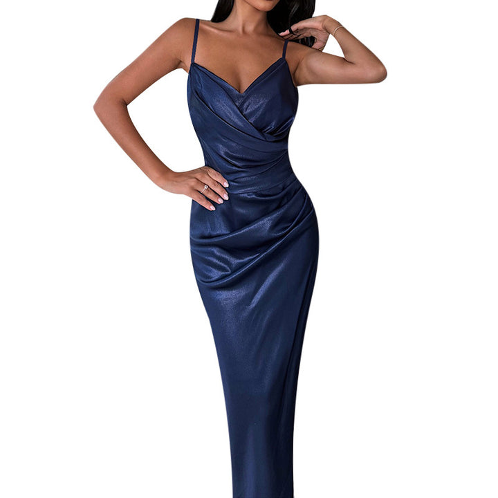 Damen elegantes Satin-Langkleid mit Wickeloptik und seitlichem Schlitz Drune
