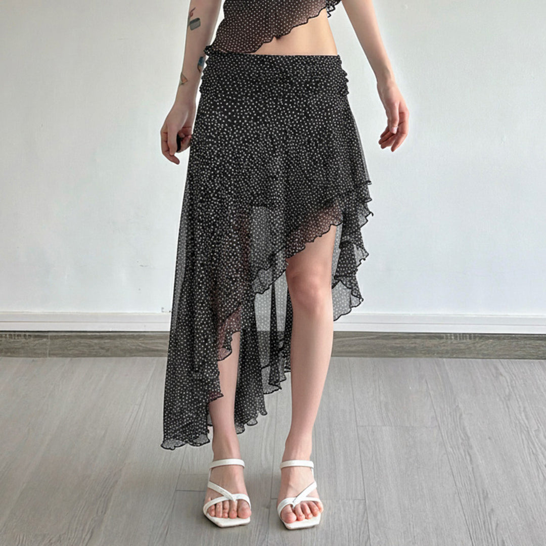 Damen asymmetrischer Rüschenrock mit transparenten Akzenten Drune