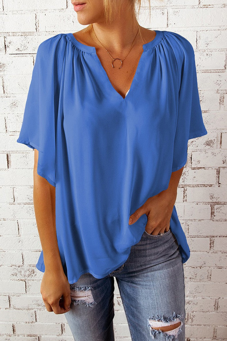 Damen luftige Bluse mit V-Ausschnitt und sanftem Faltenwurf Drune
