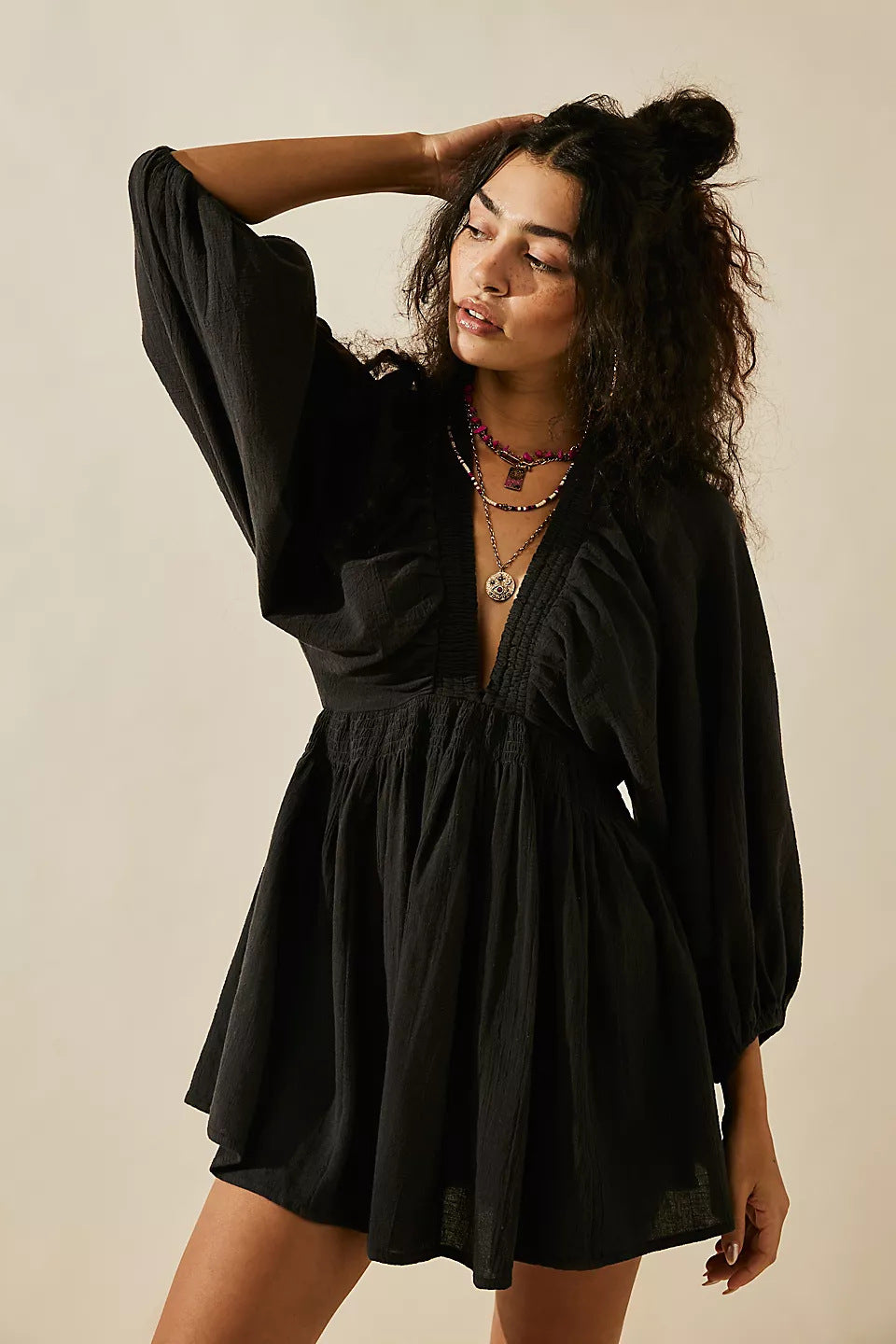 Damen Sommerliches Minikleid mit Puffärmeln und V-Ausschnitt Drune