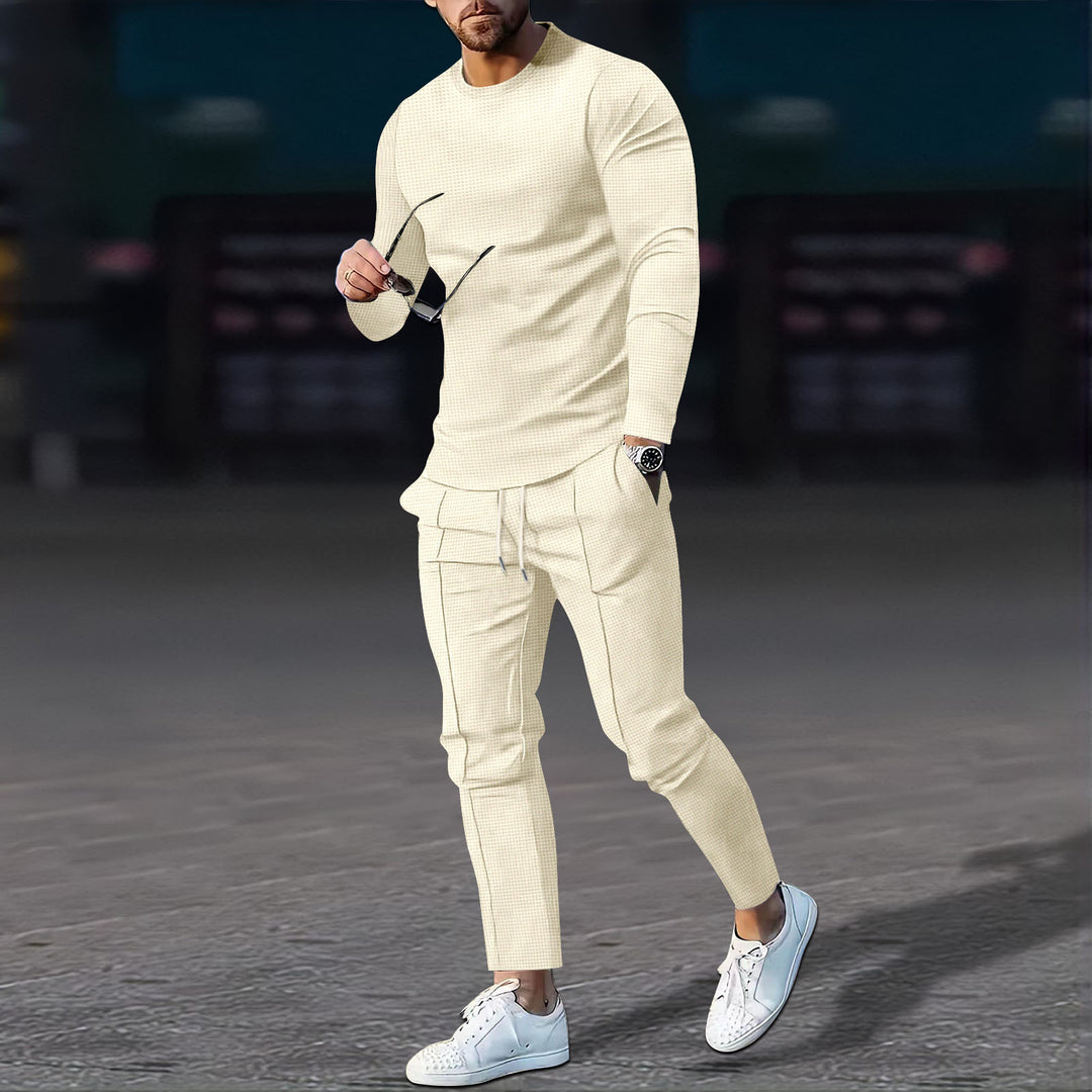 Herren nan modernes Lounge-Set aus feinem Stretchjersey mit Rundhals-Longsleeve und tapered Cargo-Jogger Drune