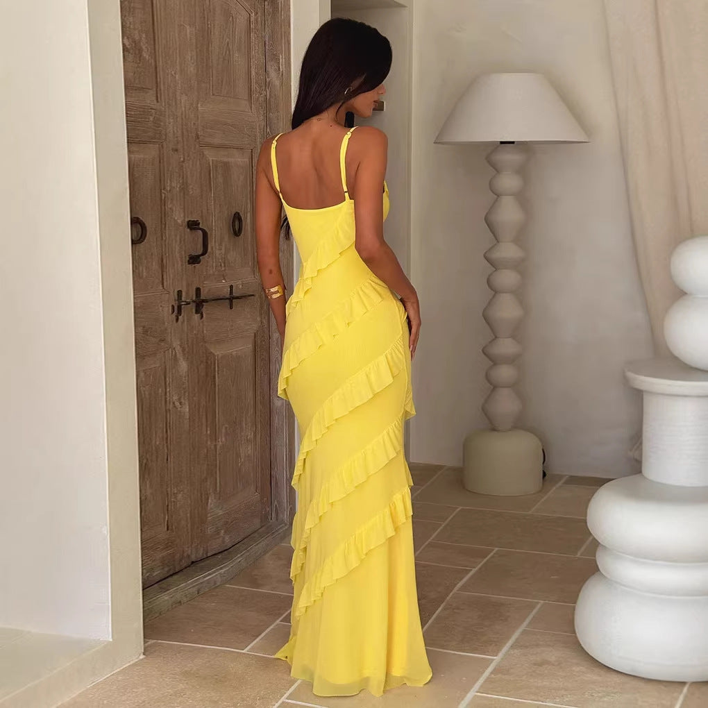 Damen Maxikleid mit elegantem Volantdesign und verstellbaren Trägern Drune
