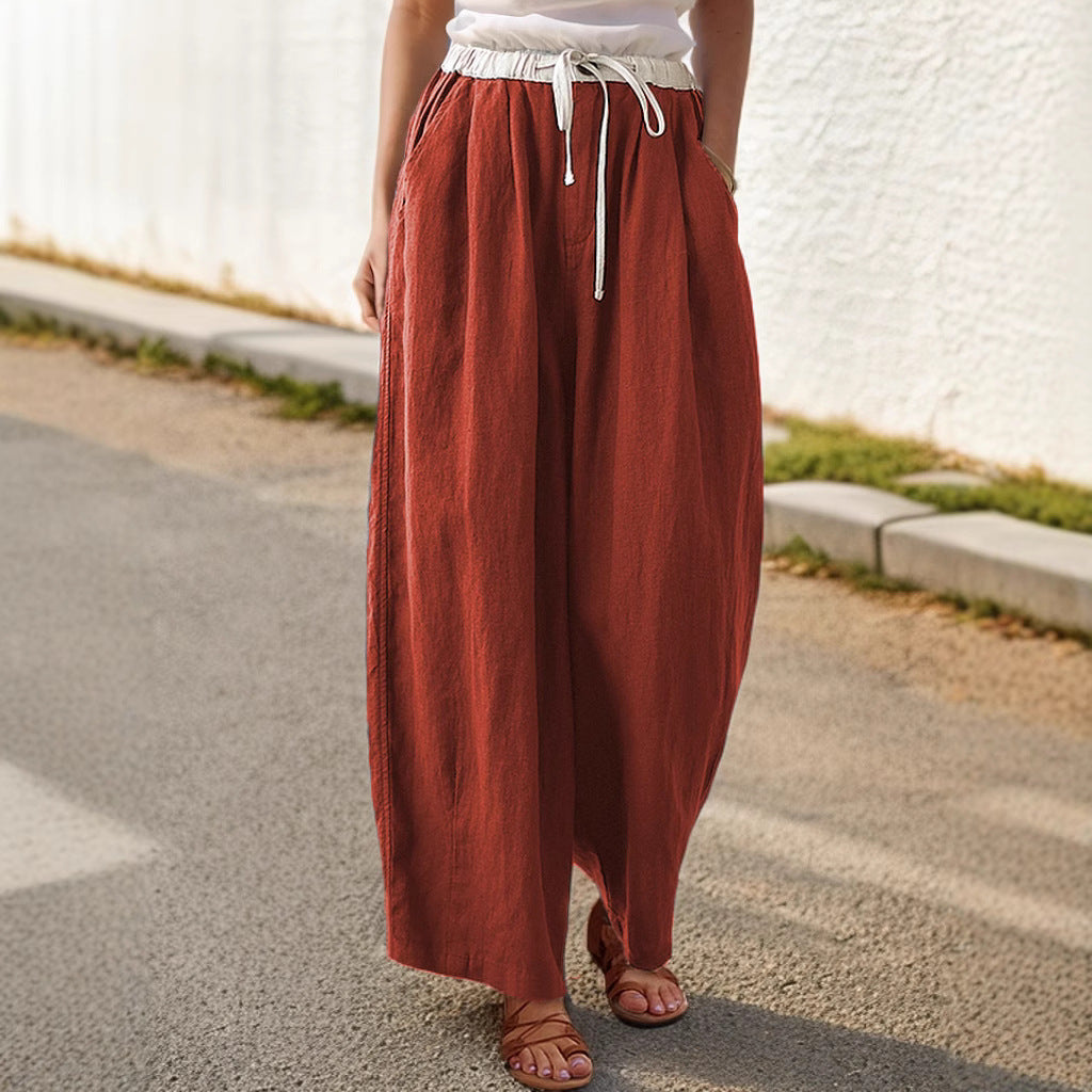 Damen Weite Leinenhose mit elastischem Bund und stylischem Kordelzug Drune