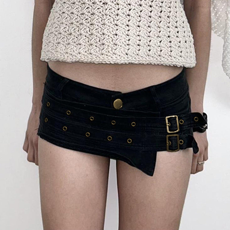 Damen Modische Shorts mit dekorativen Schnallen und Gürtelschlaufen Drune