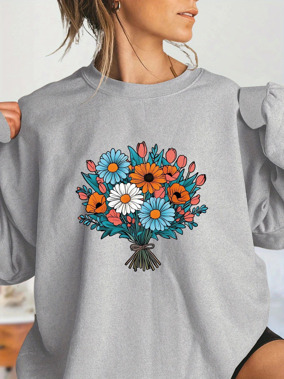 Damen Oversized Sweatshirt mit floralen Grafikdetails Drune