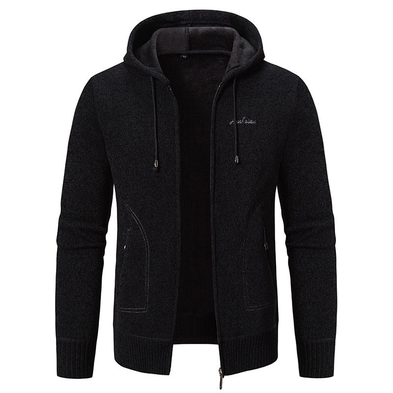 Herren nan warme Strickoptik-Zipjacke mit Teddyfutter, Kapuze und verdeckten Reißverschlusstaschen Drune