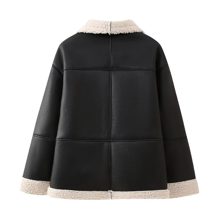 Damen Kunstlederjacke mit weichem Teddyfutter und praktischen Taschen Drune