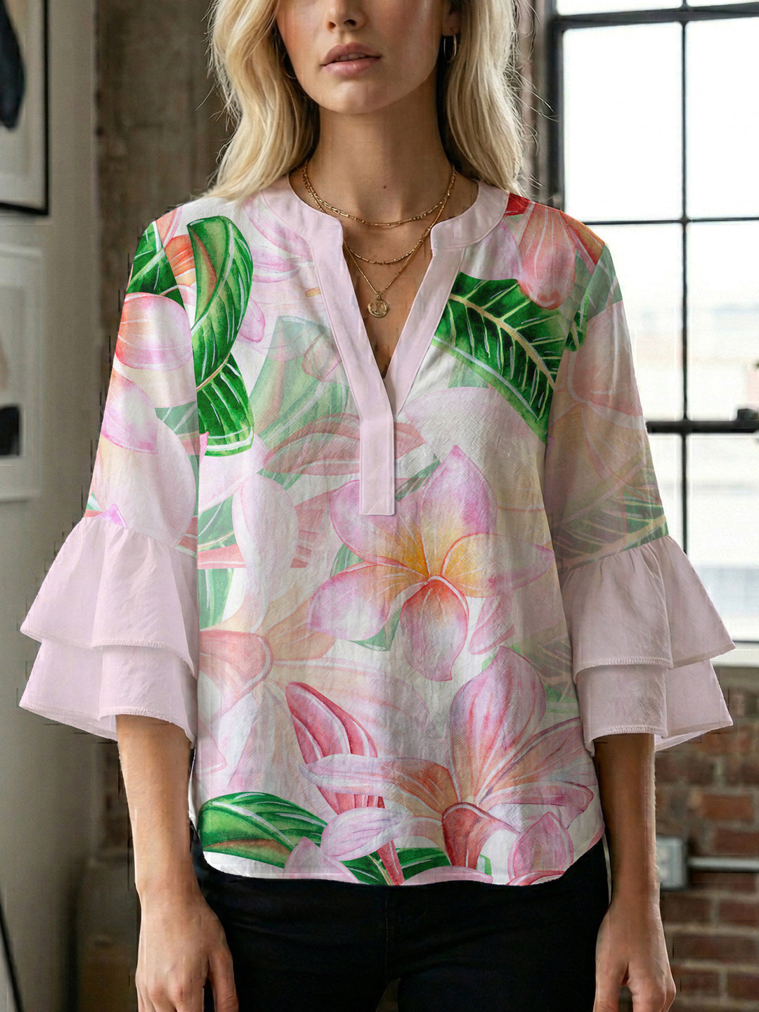 Damen Bluse mit voluminösen Rüschenärmeln und floralem Muster Drune