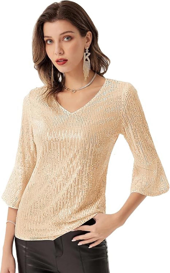 Damen Glamouröses Strickoberteil mit V-Ausschnitt und funkelnden Akzenten Drune