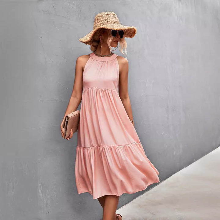 Damen luftiges Sommerkleid mit schwingendem Rock und hohem Hals Drune