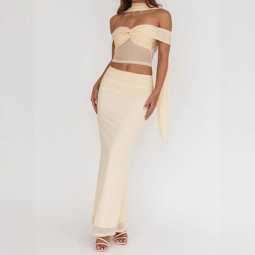 Damen elegantes Wickelkleid mit schulterfreiem Oberteil und drapierter Silhouette Drune