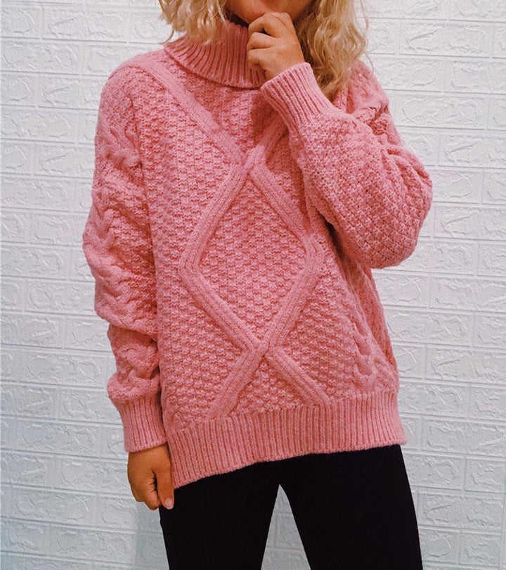 Damen Grobstrickpullover mit modischem Zopfmuster und hohem Kragen Drune