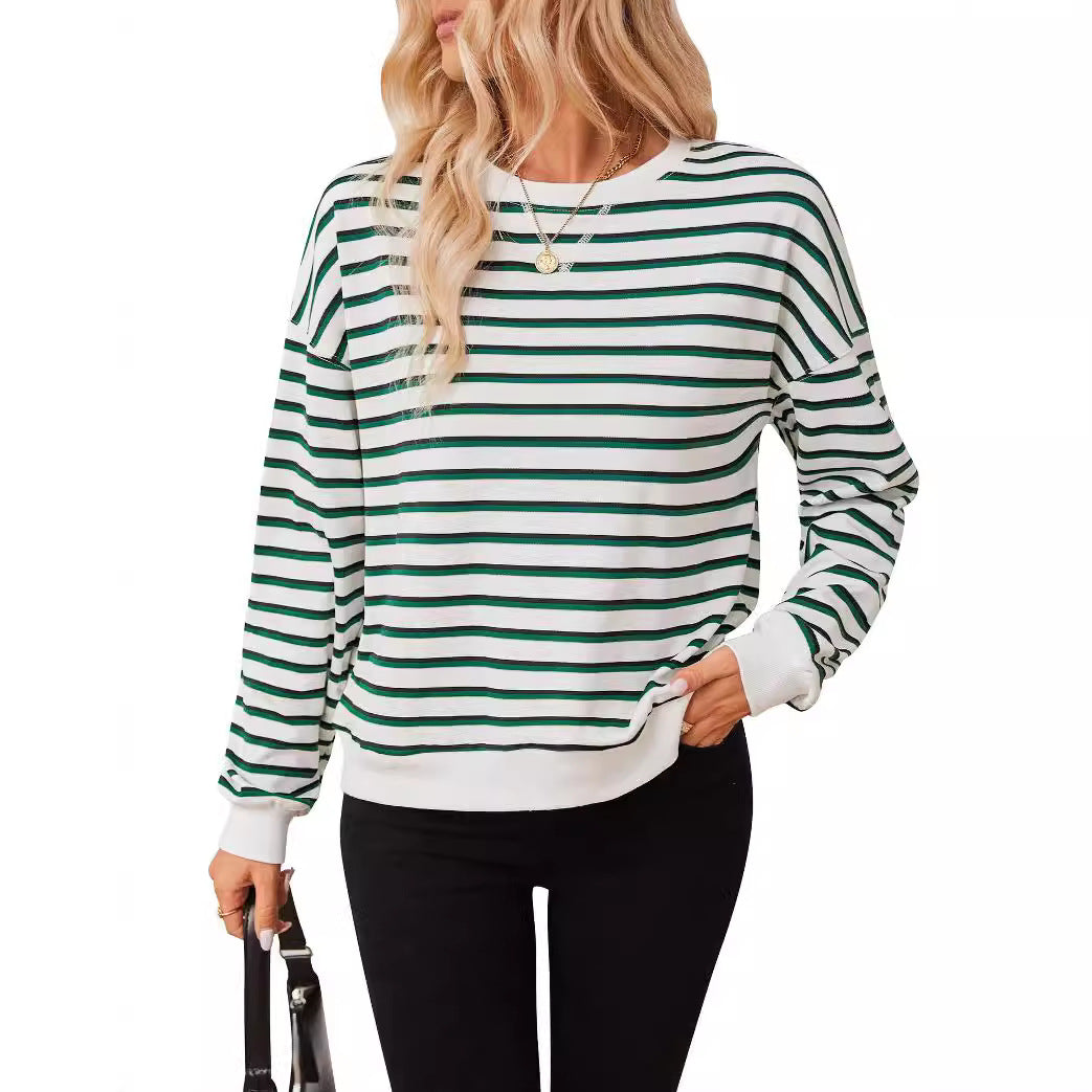 Damen lässiger Sweatshirt mit modernem Streifenmuster und Rundhalsausschnitt Drune