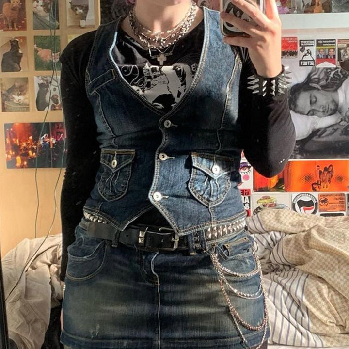 Damen Denim-Bustierjacke mit nostalgischem Spitzeneinsatz und dekorativen Knopfdetails Drune