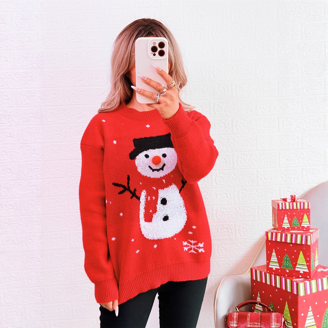 Damen Weihnachts-Pullover mit festlichem Schneemann-Motiv und gemütlichem Schnitt Drune