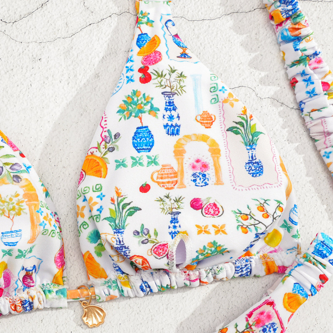 Damen Triangel-Bikini mit buntem Blumenmuster und verstellbaren Trägern Drune