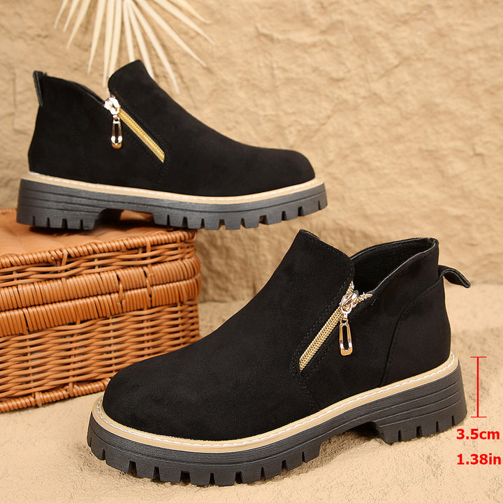 Damen nan knöchelhohe Stiefelette mit dekorativem Reißverschluss gepolstertem Schaft und robuster Profilsohle Drune