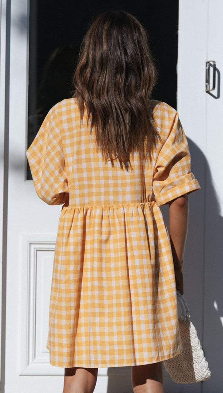 Damen Karomuster Kleid mit V-Ausschnitt und Volant-Details Drune