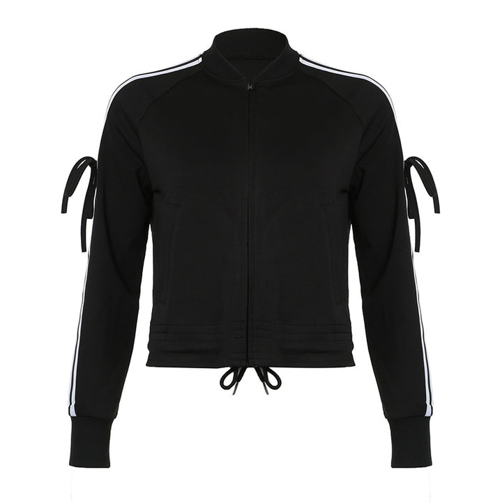 Damen nan sportive Zip-Jacke im Bomberstil mit seitlichen Streifen, Ärmel-Bindebändern und Kordelbund Drune