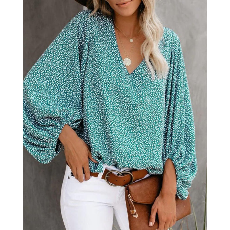 Damen Modische Bluse mit weitem Arm und V-Ausschnitt Drune