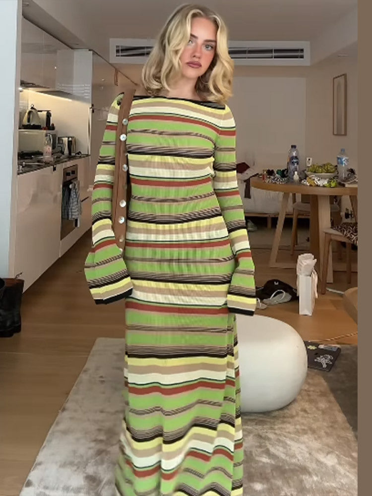 Damen Maxi-Kleid mit einzigartigem Streifenmuster und weitem Arm Drune