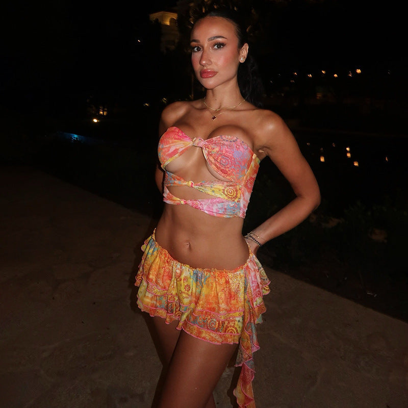 Damen Bandeau-Wickeloberteil mit verspieltem Rock und floralen Prints Drune