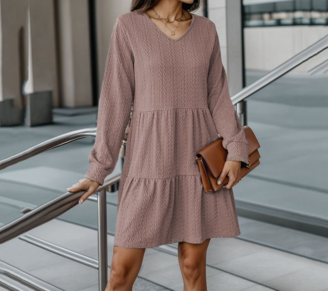 Damen lässiges V-Ausschnitt Kleid mit voluminösem Saum und langen Ärmeln Drune