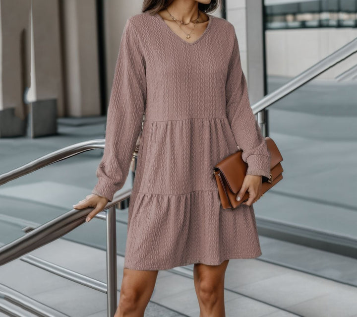 Damen lässiges V-Ausschnitt Kleid mit voluminösem Saum und langen Ärmeln Drune