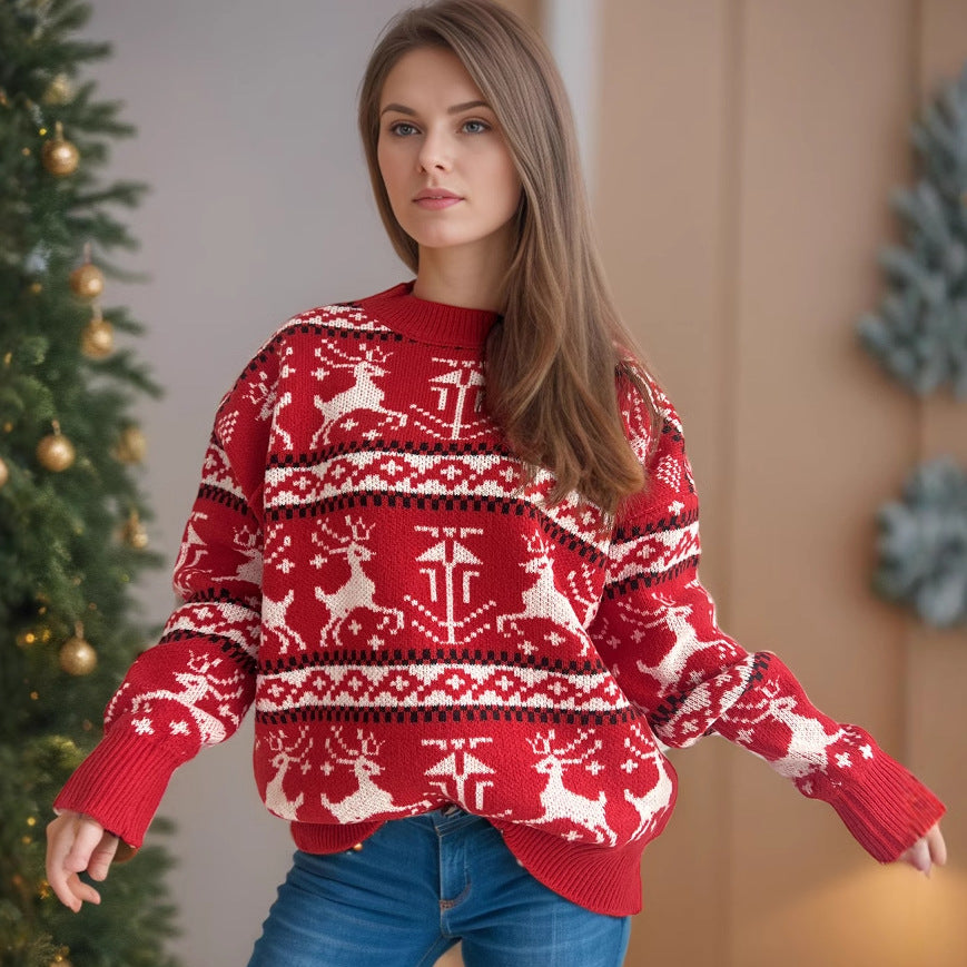 Damen weihnachtlicher Strickpullover mit festlichem Rentierdesign und hohem Kragen Drune