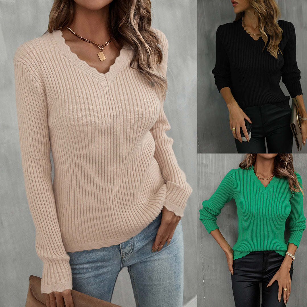 Damen V-Ausschnitt Rippenpullover mit Wellenkante Drune