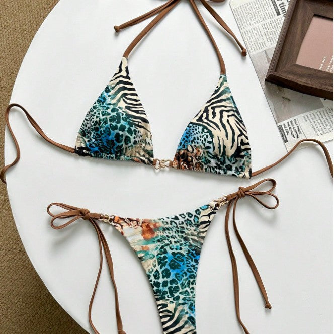 Damen Triangel-Bikini mit aufregendem animalischem Muster und modischen Bindebändern Drune