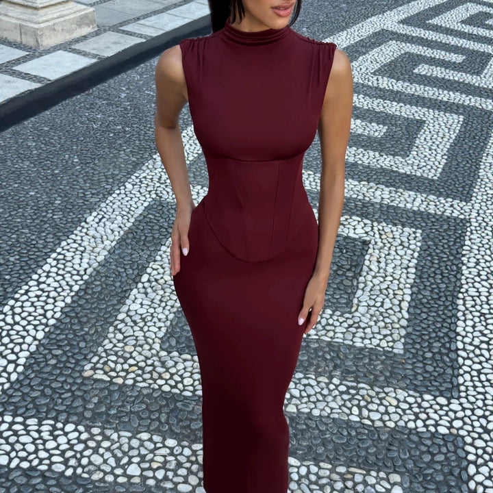 Damen Elegantes langes Kleid mit hohem Kragen und figurbetonter Silhouette Drune