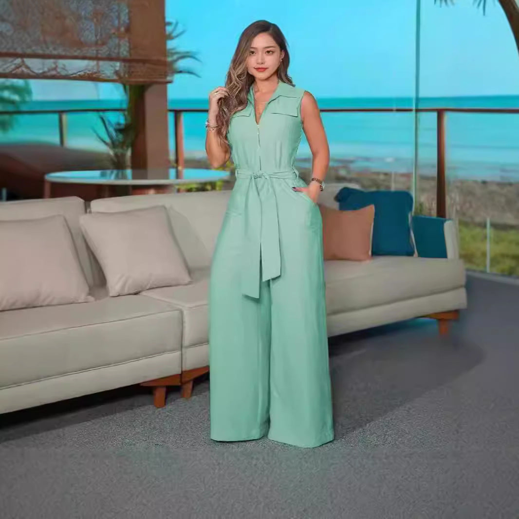 Damen Luftiger Jumpsuit mit Gürtel und Taschen Drune