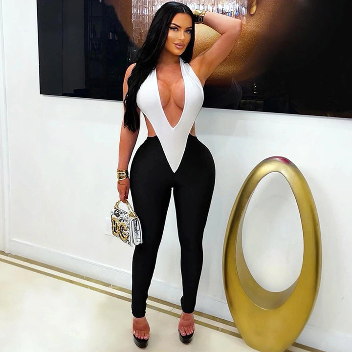 Damen Eleganter und figurbetonter Jumpsuit mit tiefem V-Ausschnitt und seitlichen Cut-Outs Drune