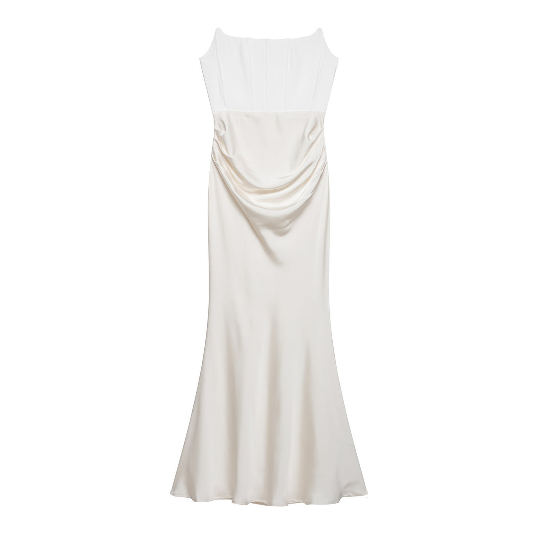 Damen langes Satin Abendkleid mit elegantem Drapé Drune