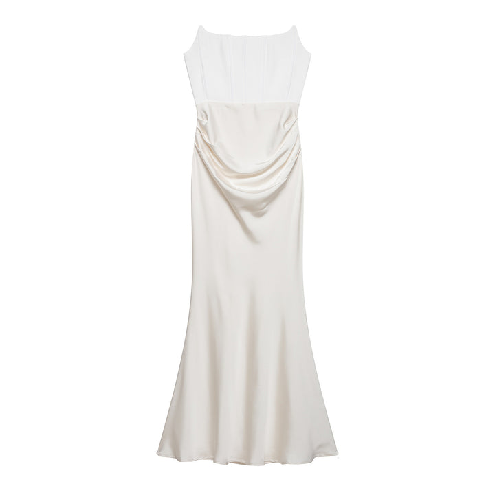 Damen langes Satin Abendkleid mit elegantem Drapé Drune